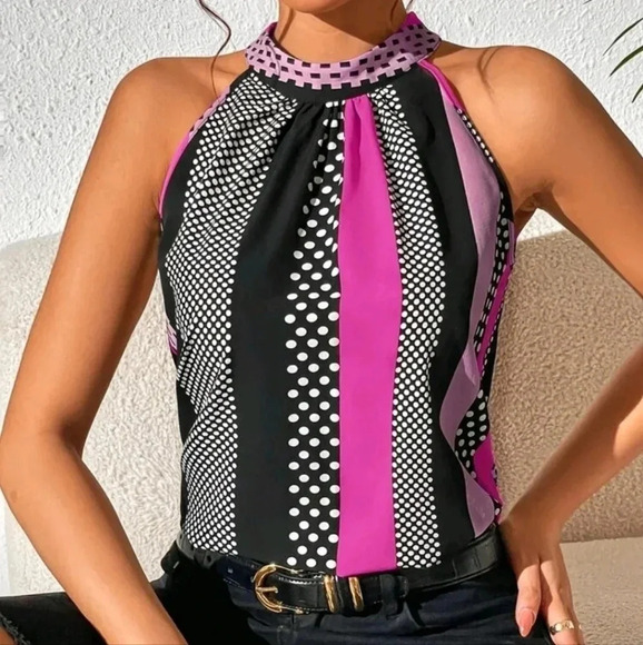COPY - Polka Dot Print Key Hole Back Halter Neck Blouse - Picture 5 of 6